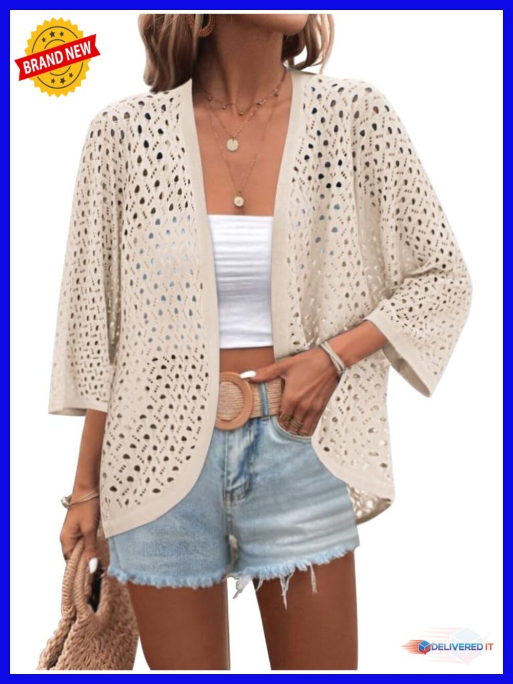 Crochet Cardigan 3/4 Sleeve Batwing Kimono, 100% Polyester Knit